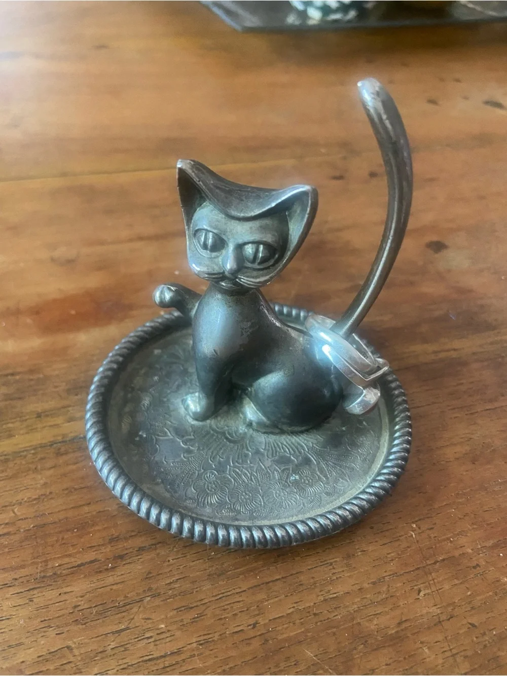 Vintage-Silver Metal Cat Ring Holder Jewelry Dish